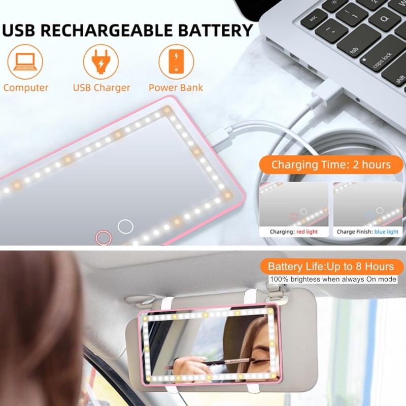 Miroir de courtoisie pour pare-soleil de voiture, miroir de maquillage rechargeable avec 3 modes d'éclairage et 60 LED - Miroir