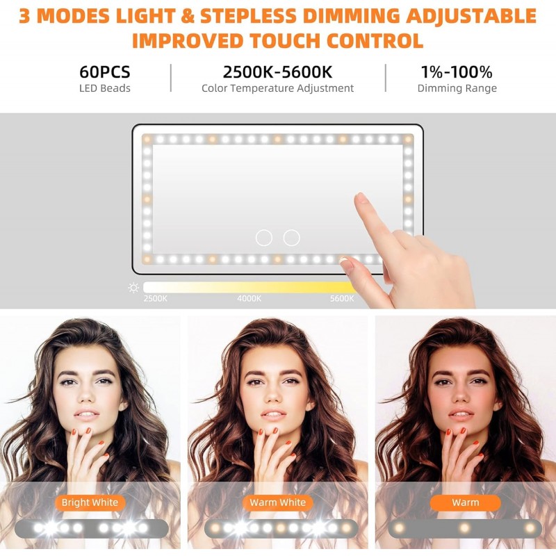 Miroir de courtoisie pour pare-soleil de voiture, miroir de maquillage rechargeable avec 3 modes d'éclairage et 60 LED - Miroir