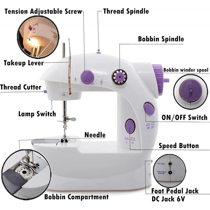 Mini machine à coudre portative électrique réglable à 2 vitesses avec pédale pour enfants débutants Machine à broder violette